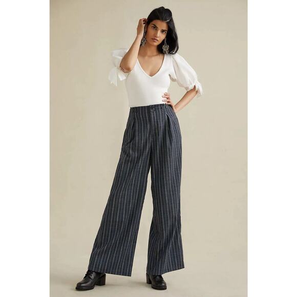 NWT Anthropologie Pinstriped Trousers High Waisted Pants Size 4 Navy Blue Women - Picture 1 of 7